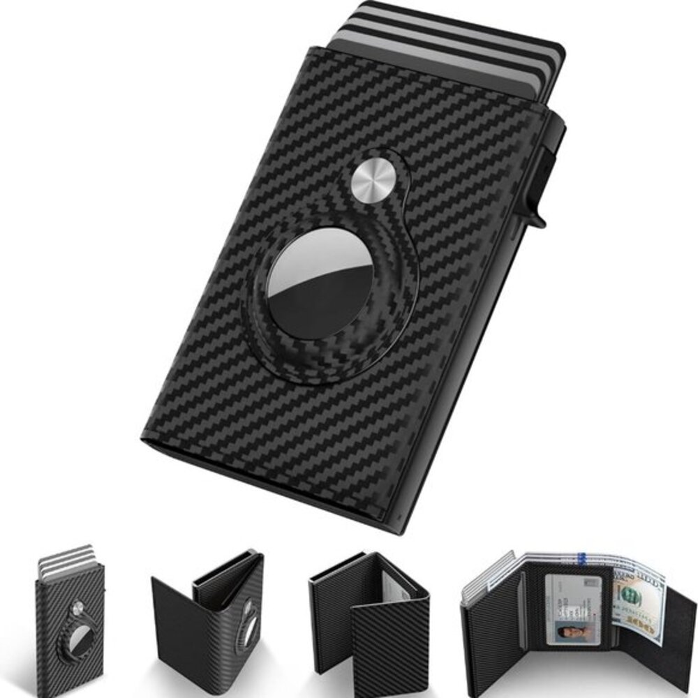 Leather Smart Wallet Compatible with Apple‎ Air Tag, RFID Blocking, Slim, Carbon
